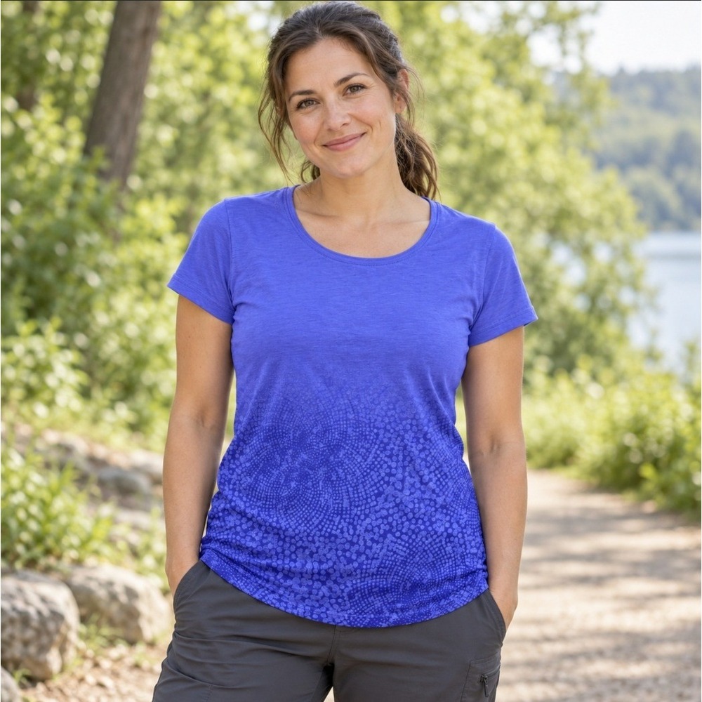 Columbia Purple Ombre Dot Pattern Short Sleeve Scoop Neck Tee Shirt Womens M